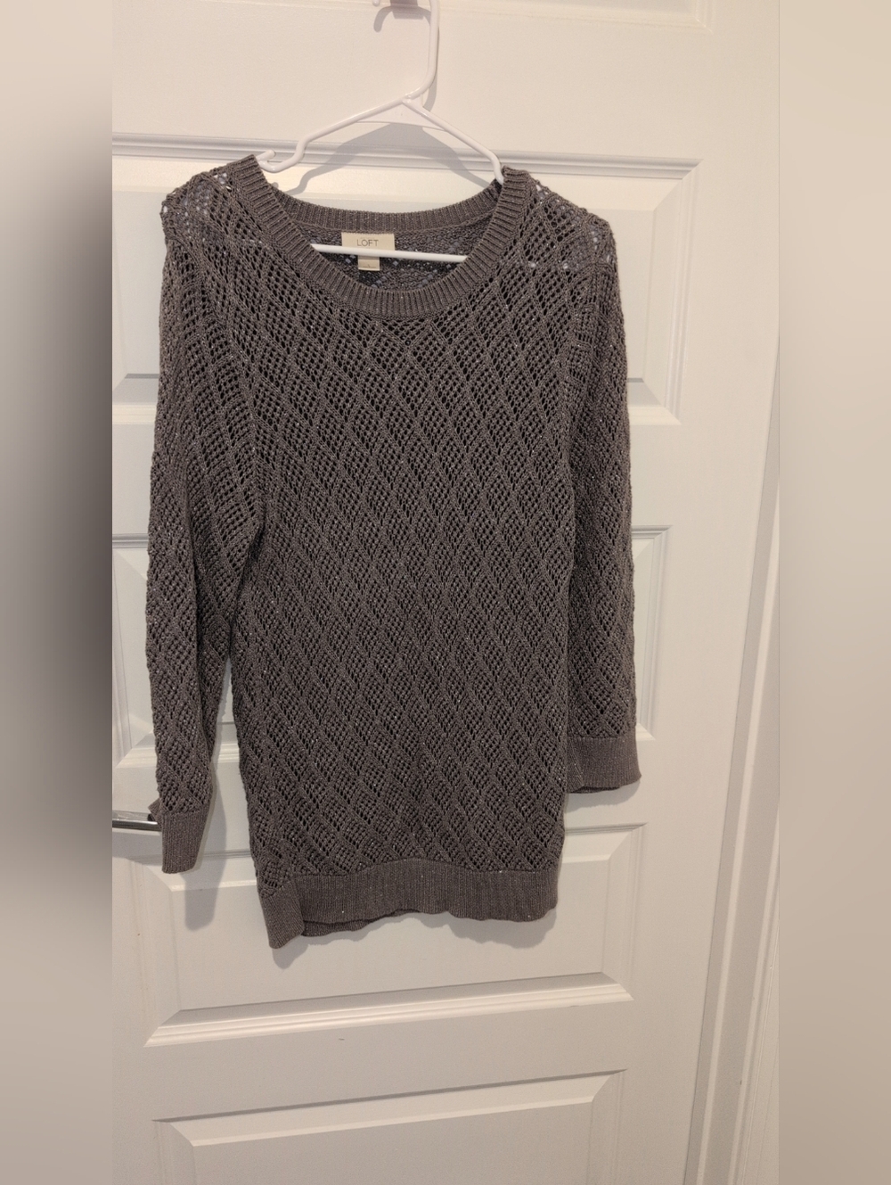 LOFT Gray Open-Weave Crewneck Sweater